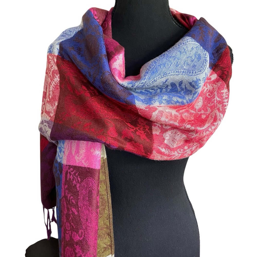 Wrapping Scarf Multicolor Pashmina Silk 72x27" Patchwork Pattern Soft Ethnic - Picture 2 of 5